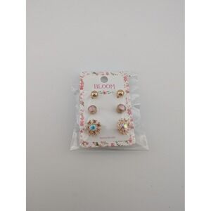 Bloom Earring Set 3‎ Pairs Gold Tone Pink Stone Studs Sun Motif Opal Womens NEW